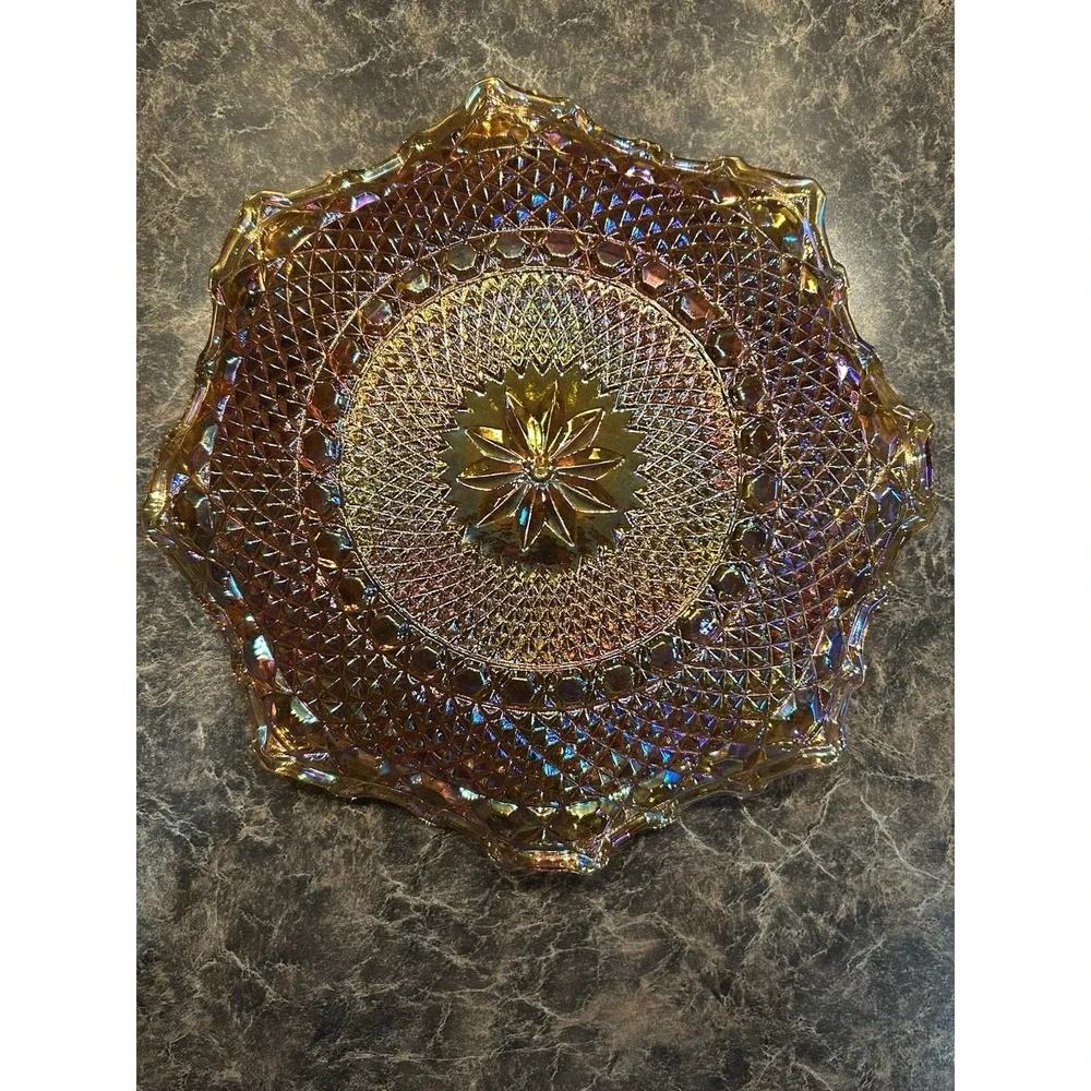 Vintage Indiana Carnival Glass Bowl Amber Marigold Scalloped Dish Iridescent 10